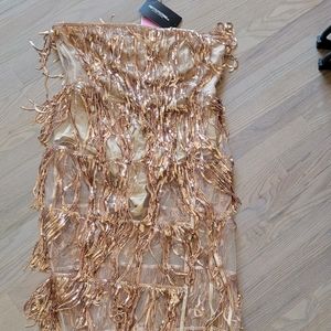 Gold fringe strapless dress sequins pretty little thing size large 12